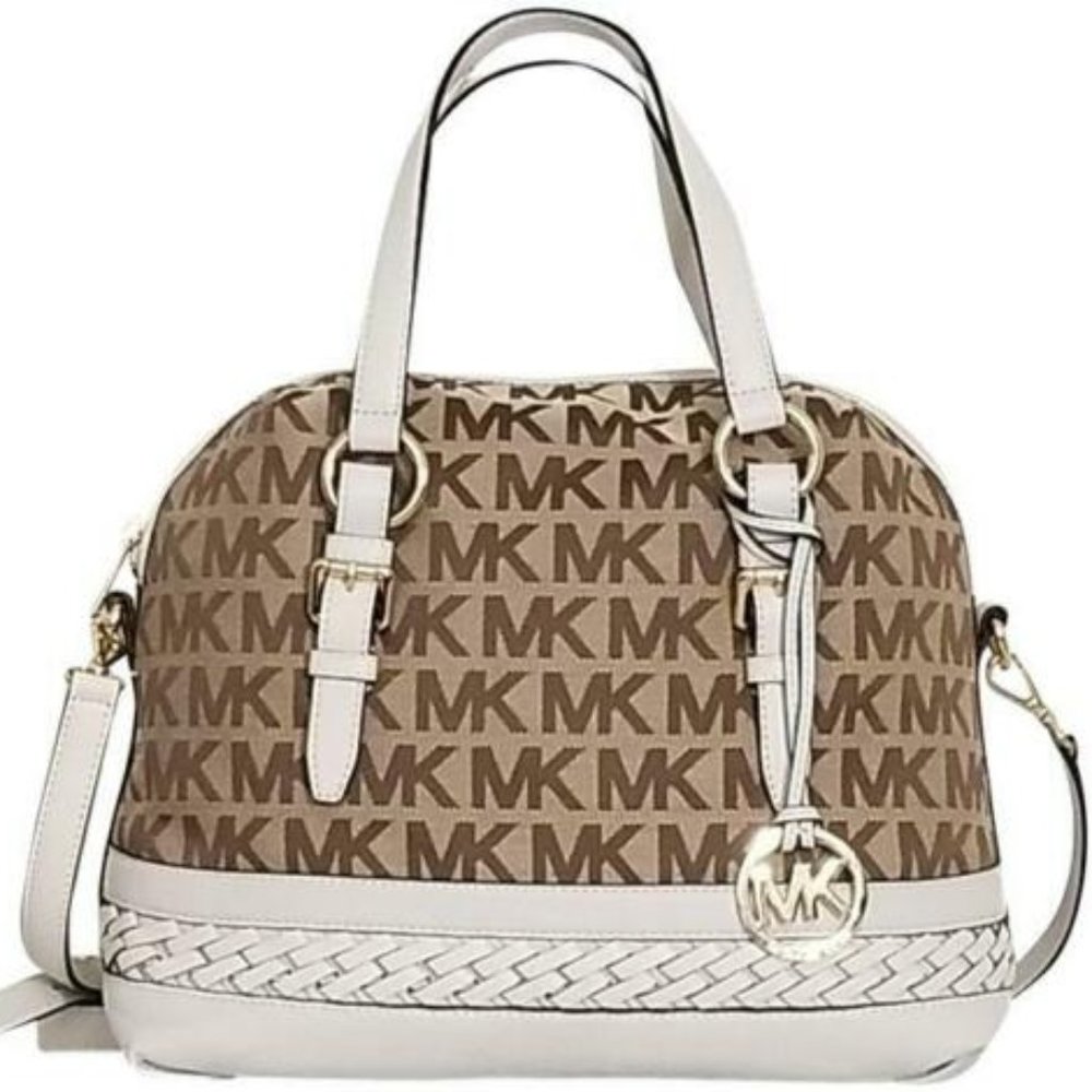 MICHAEL KORS GLADSTONE LARGE MK LOGO BEIGE VANILLA TOP ZIP SATCHEL BAG NWT!